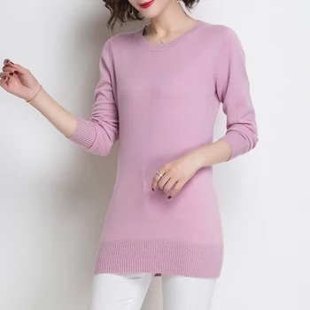 длинный женский свитер 2023, новая демисезонная рубашка с приталенным низом, женские вязаные свитера с круглым вырезом и длинным рукавом 9939