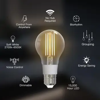 Умная лампа накаливания Tuya WiFi E27 7 Вт, светодиодная лампа с регулируемой яркостью, Умная жизнь для Alexa, Голосовое управление Google, 90-250 В