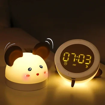 Светодиодный цифровой будильник, Электронная ночная лампа, Милый кот, мышь с регулируемой Яркостью, Зарядка через USB, Настольные часы для спальни, освещение для пробуждения