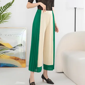 Miyake-Плиссированные повседневные широкие брюки для женщин, высокая талия, Ниспадающие, Контрастные цвета, Модные для похудения, Лето, Новинка, 2023
