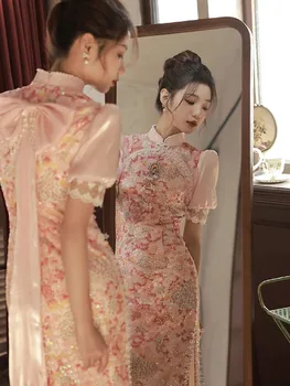 Женские вечерние платья Qipao с милым бантом, Сексуальное платье в китайском стиле с блестками, Длинное Элегантное Платье Чонсам с кружевным цветочным Рисунком, Vestidos