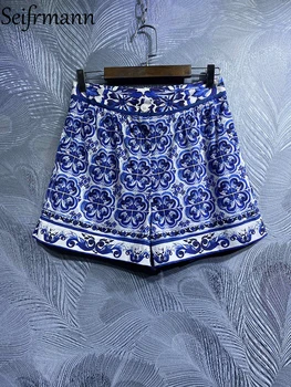 Высококачественные летние женские модные дизайнерские Хлопчатобумажные шорты Seifrmann с высокой талией, Синие и белые шорты с фарфоровым принтом