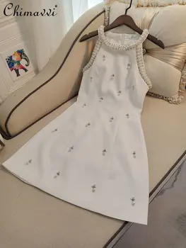 Легкое роскошное Высококачественное модное сексуальное платье с Бусинами на Бретелях, Облегающее Белое платье, женское модное элегантное трендовое шикарное платье выше колена