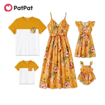 Комплекты для семьи PatPat, хлопковые футболки с цветными блоками с короткими рукавами и платья с цветочным принтом по всей длине, комплекты с поясом и ремешками
