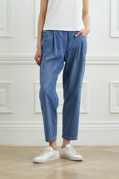 2023 Летние новые женские однотонные джинсы, повседневные универсальные эластичные брюки с карманами на высокой талии, укороченные брюки для дам