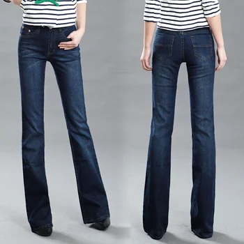 Продвижение Высококачественных женских джинсов со средней посадкой, модные брюки-клеш, Удобные брюки-клеш темно-синего цвета