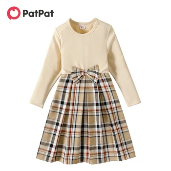 PatPat/Детское платье для девочек с бантом, платье в рубчатую клетку с длинными рукавами для девочек, Детские платья для девочек, одежда