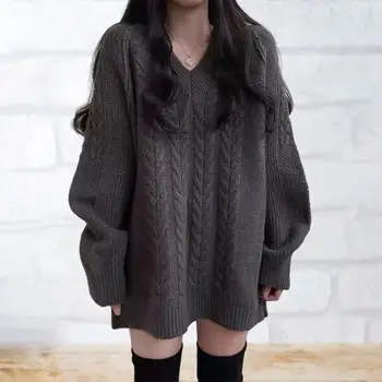 Женский легкий свитер, уютный стильный женский свитер с V-образным вырезом, мягкий теплый эластичный топ средней длины на осень-зиму, женский свободный топ