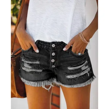 Пикантные модные Короткие джинсы с низкой талией и рваными пуговицами, Бойфренд для женщин, Летние Прямые джинсовые шорты с кисточками и дырками