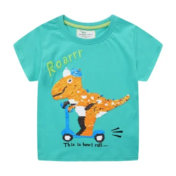 Летние Футболки для мальчиков и девочек, расшитые бисером в виде динозавра, детские футболки с коротким рукавом, Хлопковая детская одежда, модные топы с героями мультфильмов