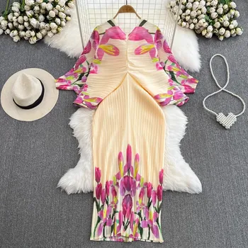 Miyake Pleats Весна 2023, Новое Летнее Платье с Цветочным Принтом и V-образным вырезом, Свободное Длинное Удобное Повседневное Тонкое Женское Платье A9423