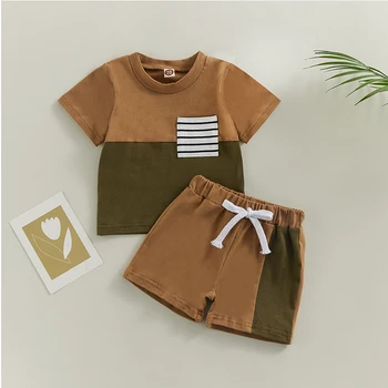 Mildsown/ Летняя одежда для маленьких мальчиков контрастного цвета, пуловер с короткими рукавами, футболка и шорты с эластичным шнурком, комплект