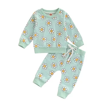 Комплекты Брюк для новорожденных девочек, осенняя одежда, топы с капюшоном и длинными штанами с цветочным рисунком для малышей, детские вещи, одежда