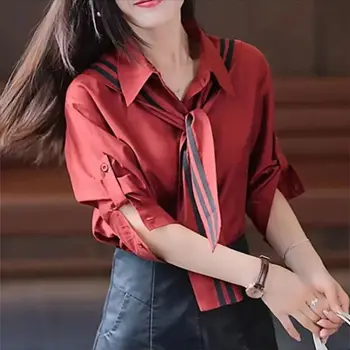 Демисезонный Корейский Стиль, Рубашка с Закатанными рукавами, Женская 2023, Модный Дизайн, Универсальная Шаль в Консервативном Стиле, Повседневная Свободная Рубашка, Женская