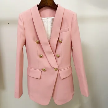 2020 Новый Розовый Блейзер, Женский костюм, Классический Золотой Двубортный воротник-шаль на Пуговицах, Тонкий Офисный Женский Блейзер, куртка Высокого Качества