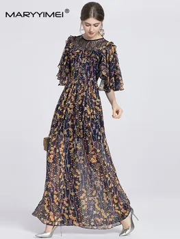 MARYYIMEI / Новое весенне-летнее модное женское винтажное платье с принтом, расклешенные рукава, кружевные длинные платья на талии