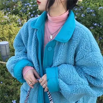 Женская куртка с подкладкой, Новинка Зимы 2021, Корейский стиль, Свободное пальто с подкладкой из искусственного меха ягненка, Женское зимнее пальто, женское Розовое