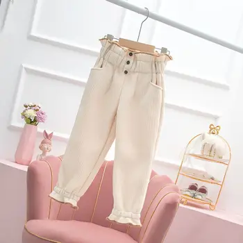 Весенне-осенние однотонные вельветовые брюки Y2K Kawaii для девочек, универсальные милые детские брюки с высокой талией и пуговицами, хлопковая шикарная детская одежда