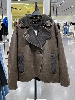 Fitaylor, Новая осенне-зимняя женская уличная одежда, Однобортное пальто из искусственной замши с отворотом, Женская Свободная модная куртка из искусственной кожи ягненка