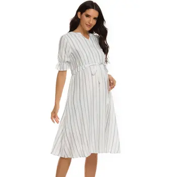2023 Летние платья для беременных, Одежда для беременных, Повседневное Хлопковое Льняное платье для душа в полоску, Premama Vestidos