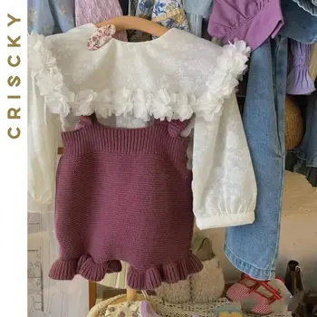 Корейский Комплект детской одежды для детей, осенняя одежда для девочек, однотонные рубашки с длинными рукавами и цветочным рисунком, трикотажные комбинезоны, 2 предмета одежды для девочек