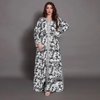 Женская одежда Арабской Модной нации 2023, Черно-белое Кружевное платье с широкими распашными швами, Халат Мусульманки
