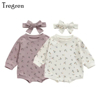 Комбинезон с длинными рукавами для новорожденных девочек Tregren 0-24 м, повязка на голову с бантом, Цветочный принт на шее, Хлопковый комбинезон для 0-24 месяцев