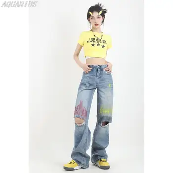 2023, Женская новая весенне-летняя мода, высокие уличные перфорированные прямые джинсы-трубки, Корейские Свободные Широкие брюки с высокой талией для девочек