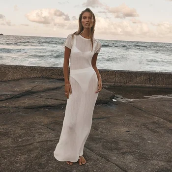 Элегантное вязаное пляжное платье, Летнее Женское Сексуальное Прозрачное Платье Макси, Белое Платье с коротким рукавом, тонкое вечернее платье-накидка 2023
