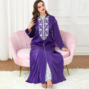 Модное Новое Мусульманское Кружевное Платье в стиле пэчворк с V-образным вырезом и длинными рукавами и разрезом, Арабский костюм с капюшоном, Женское платье-двойка