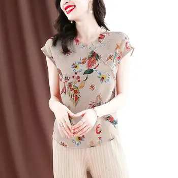 Элегантная модная женская блузка с полуприкрытым воротником и принтом, летняя тонкая классическая винтажная рубашка без рукавов в стиле пэчворк, женская одежда