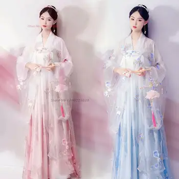 2023 китайское улучшенное шифоновое платье с национальной цветочной вышивкой ханфу, винтажная танцевальная одежда, восточное милое платье принцессы феи
