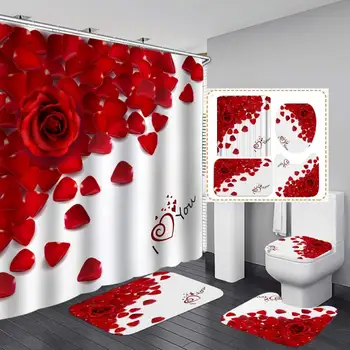 Красные розы, занавески для ванной, Черная ткань, Набор занавеск для душа, Коврики для ванной, Ковры, Крышка унитаза, противоскользящий ковер, Домашний декор