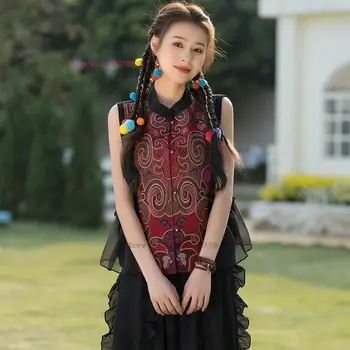 2023 китайский жилет без рукавов с воротником-стойкой, кружевной лоскутный жилет с цветочной вышивкой, женский национальный жилет, традиционное восточное этническое пальто