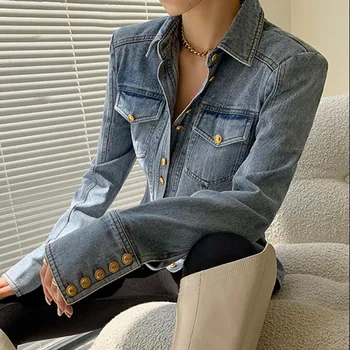 Модные весенние однобортные джинсовые рубашки, женские топы с лацканами в стиле ретро, блузка