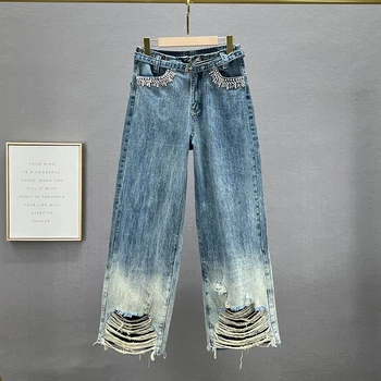 Рваные Широкие джинсы, Женская новинка 2023, весна-осень, Свободные джинсовые брюки с высокой талией, джинсовые брюки с бриллиантами, Высокая Уличная одежда, выстиранные джинсовые брюки