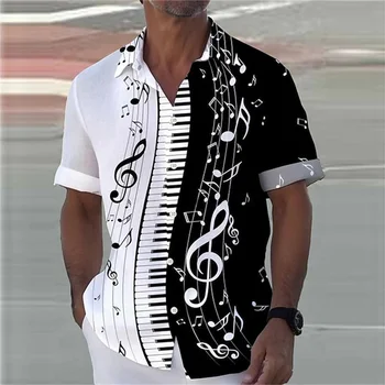 2023 Мужская рубашка Гавайская Рубашка С Графическим Принтом Музыкальные Ноты клавиши pano Громкость Черный Принт с коротким рукавом Модный дизайн