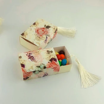 50 шт., коробка конфет в форме ящика, Розовые цветы, коробка для подарков, Шоколадные коробки с кисточками, День Рождения, Свадебный декор