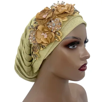 2023 НОВАЯ Блестящая Плиссированная шапочка-Тюрбан с бриллиантовым букетом, Африканский Головной Убор, Женская повязка на голову, Нигерийский головной убор, Женская праздничная шляпа