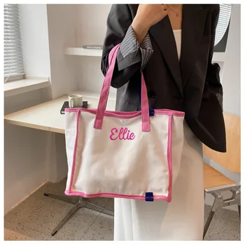 Персонализированная розовая холщовая сумка с именем, Женская сумка с монограммой, изготовленная на заказ с художественной вышивкой, Холщовая сумка для покупок, сумка через плечо, подарок