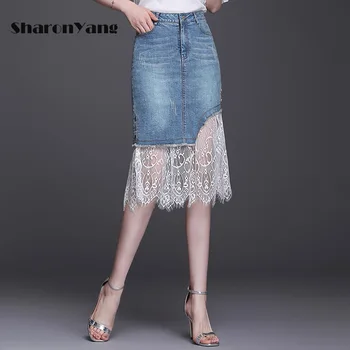 Джинсовые юбки Женские 2022 Весенне-летние юбки для женщин, Кружевная лоскутная юбка в корейском стиле, Винтажный Большой размер