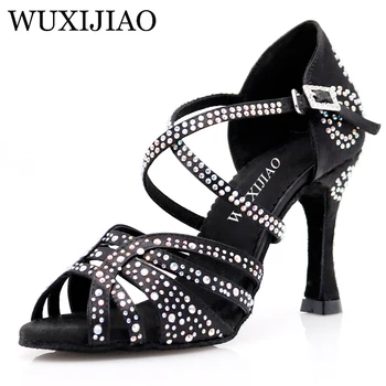 WUXIJIAOLatin танцевальные туфли с двойными стразами, блестящие, телесного цвета, черные атласные женские туфли для бальных танцев на кубическом каблуке 9 см