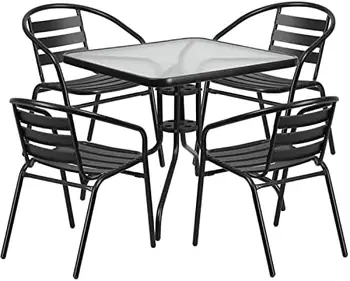 Квадратный Стеклянный металлический стол с 4 стульями из черного металла и алюминия