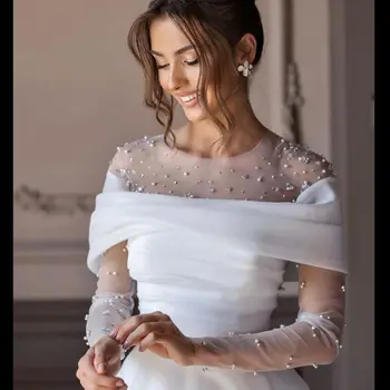 Фатапейское Священно-Белое свадебное платье с иллюзорным вырезом и жемчугом с открытыми плечами, Атласная юбка трапециевидной формы, платье Невесты, Принцесса
