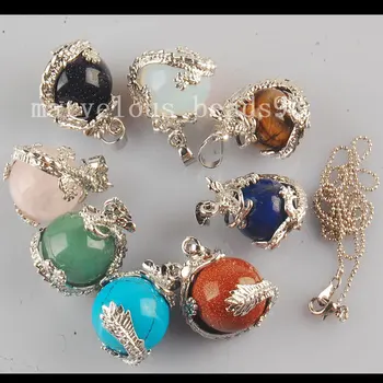 Бесплатная доставка, красивые ювелирные изделия, смешанный камень, сферический кулон в виде Дракона, ожерелье с цепочкой, 1шт WB320