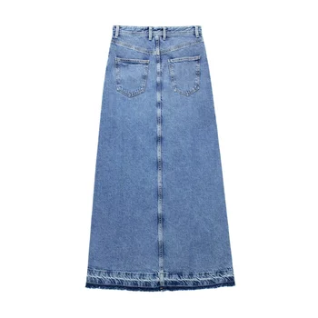 Женская синяя джинсовая юбка с разрезом спереди, карманы, высокая талия, Тонкие миди-юбки на молнии, 2023, Весенняя Женская повседневная уличная одежда