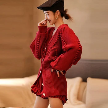 2023 Осенне-Зимний Красный Однобортный Вязаный Кардиган, Женское Модное вязаное пальто с V-образным вырезом, Свободная Прямая Повседневная Верхняя одежда