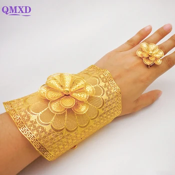Браслеты золотого цвета из Дубая с кольцом для женщин, Марокканский Большой браслет, Очаровательная цепочка, браслеты-манжеты, Африканские свадебные украшения, подарки для вечеринок