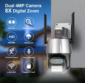 KERUI 8-мегапиксельная водонепроницаемая двухобъективная наружная камера видеонаблюдения PTZ Wifi с поворотным механизмом ночного видения