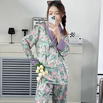 Женский весенний Новый Пижамный комплект из Ледяного шелка, Новая домашняя одежда во французском стиле, Пижаму можно носить снаружи